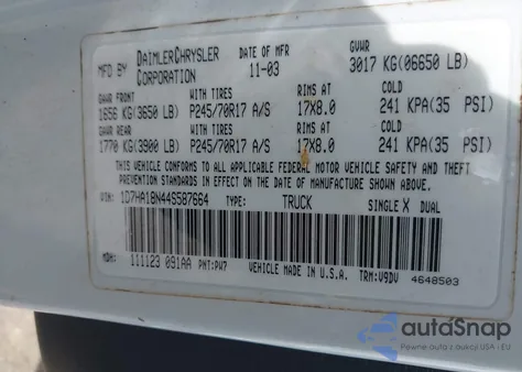 2004 Dodge Ram 1500 Slt/Laramie from USA, damaged, VIN 1D7HA18N44S587664